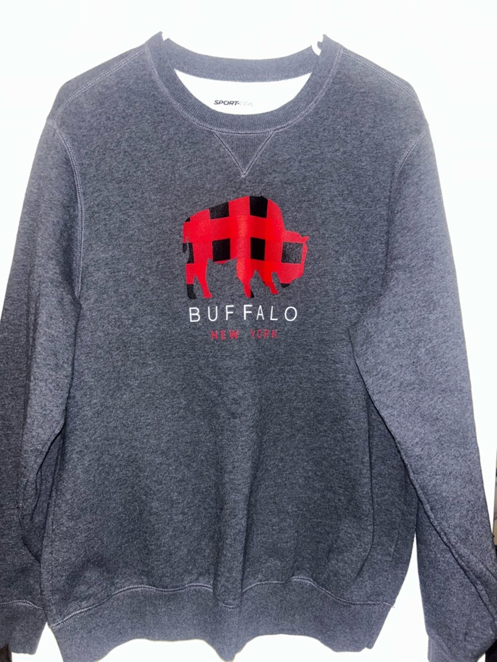 Buffalo Gray Crewneck Sweatshirt with Red Plaid Buffalo